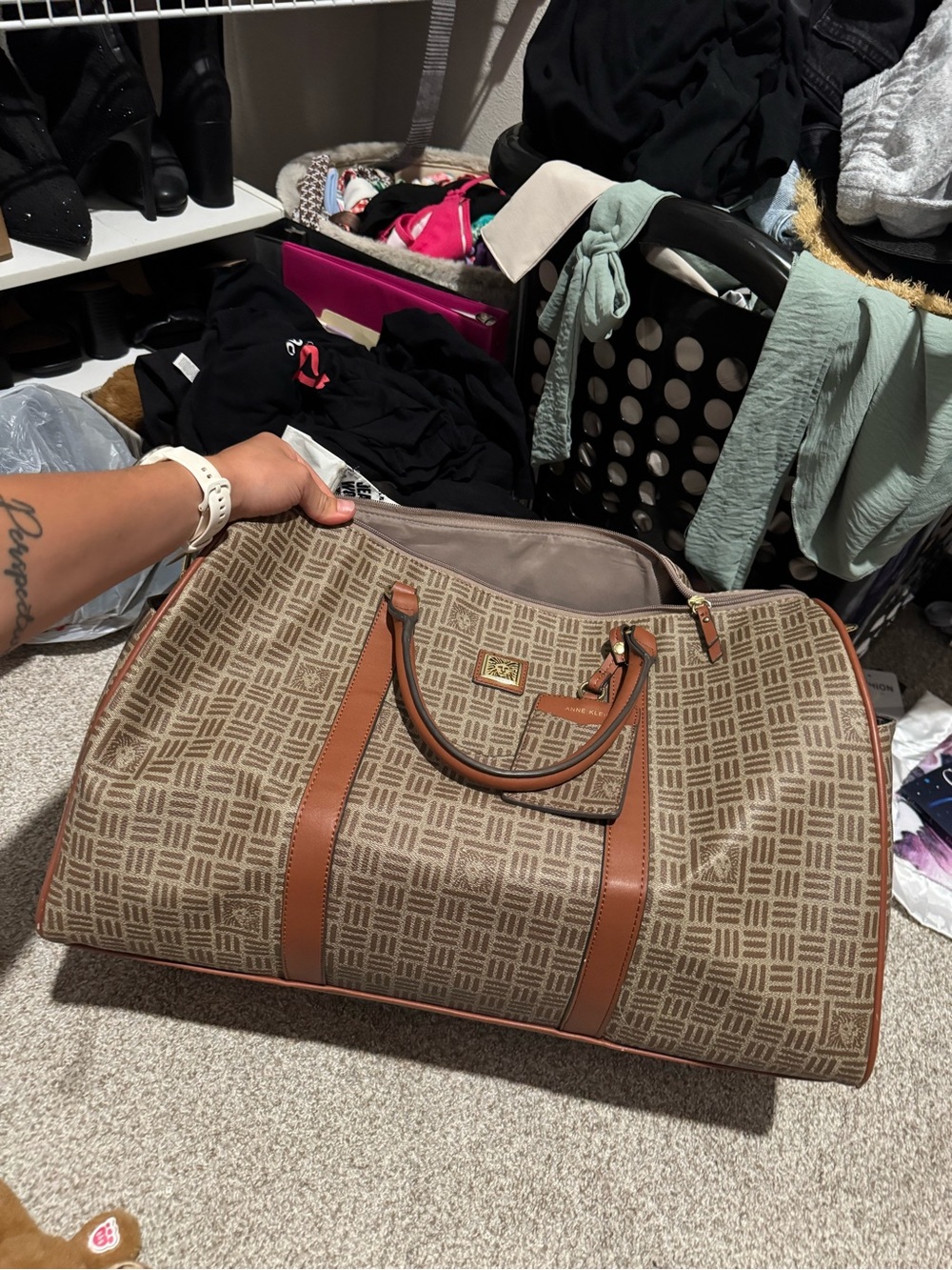 Anne Klein Brown & Tan Signature Pattern Weekender Duffel